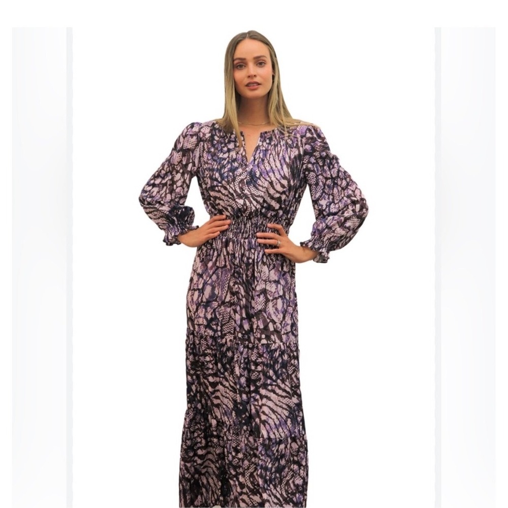 Atelier Womens Purple Brown Snakeskin Print Smocked Waist Tiered Maxi Dress 6